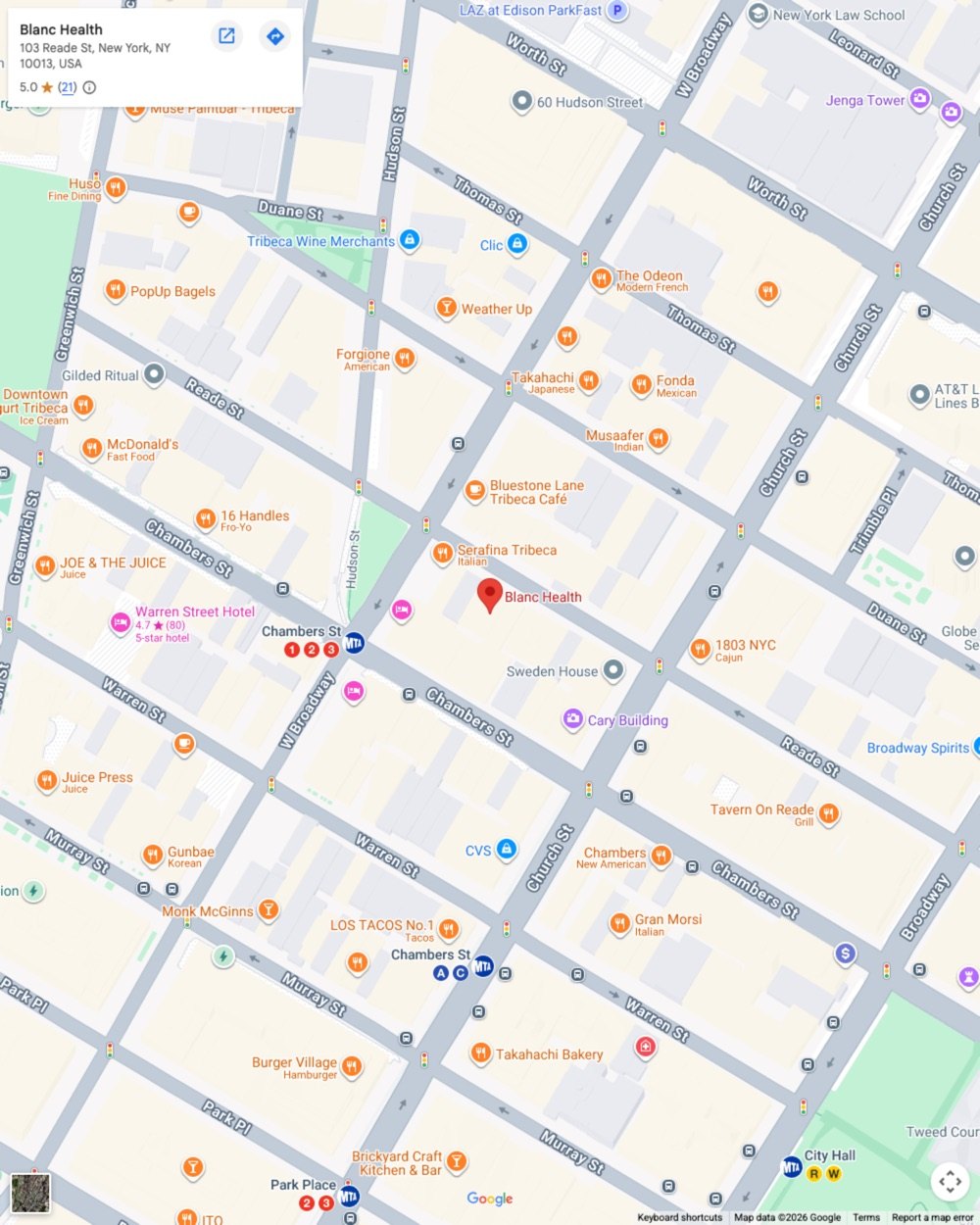 Map showing Blanc Health at 103 Reade St, Tribeca, New York